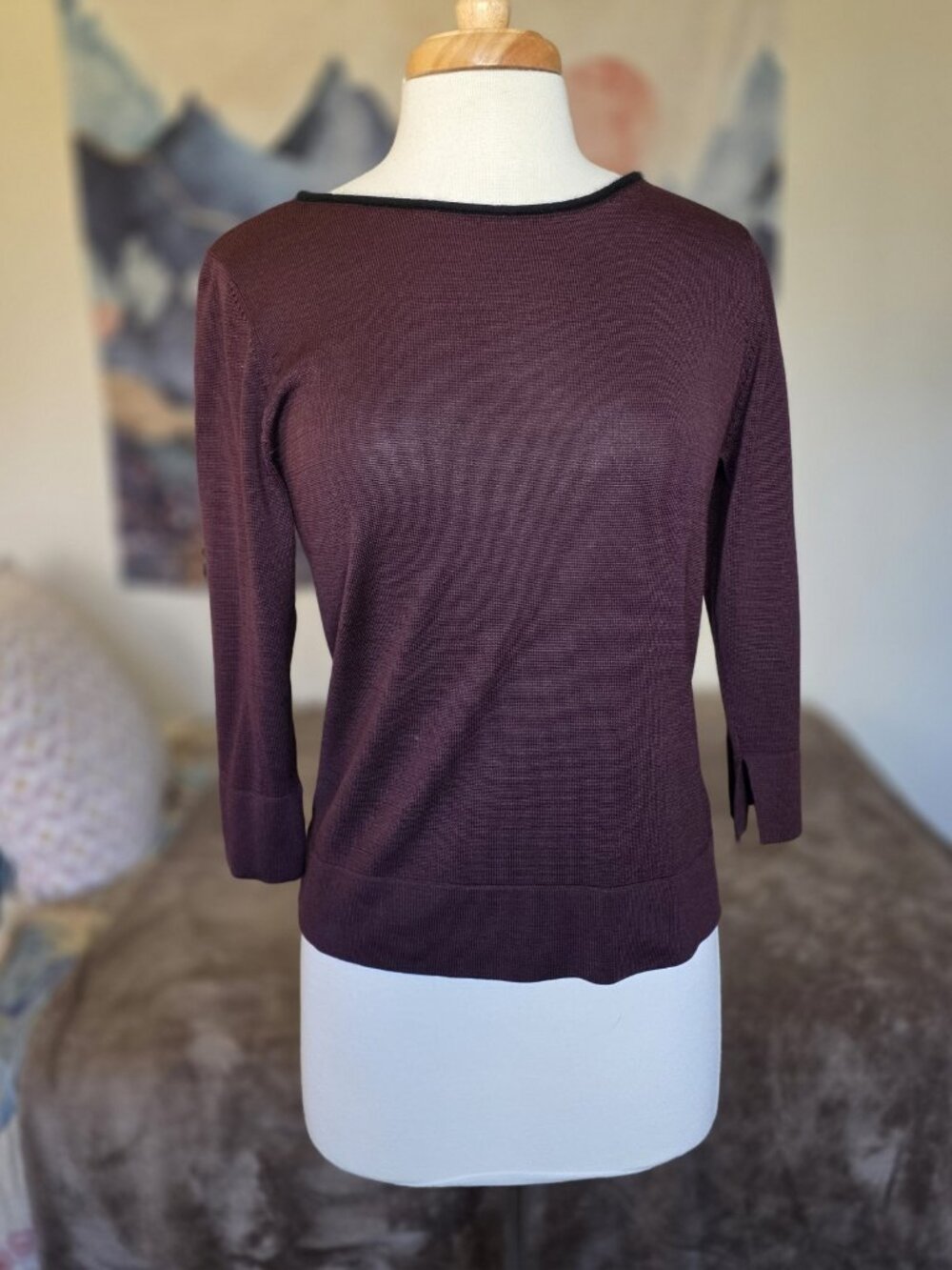 Caslon 100% Silk Sweater Womens L Brown Boatneck 3/4 Sleeve Split Cuff Luxury - Picture 3 of 16